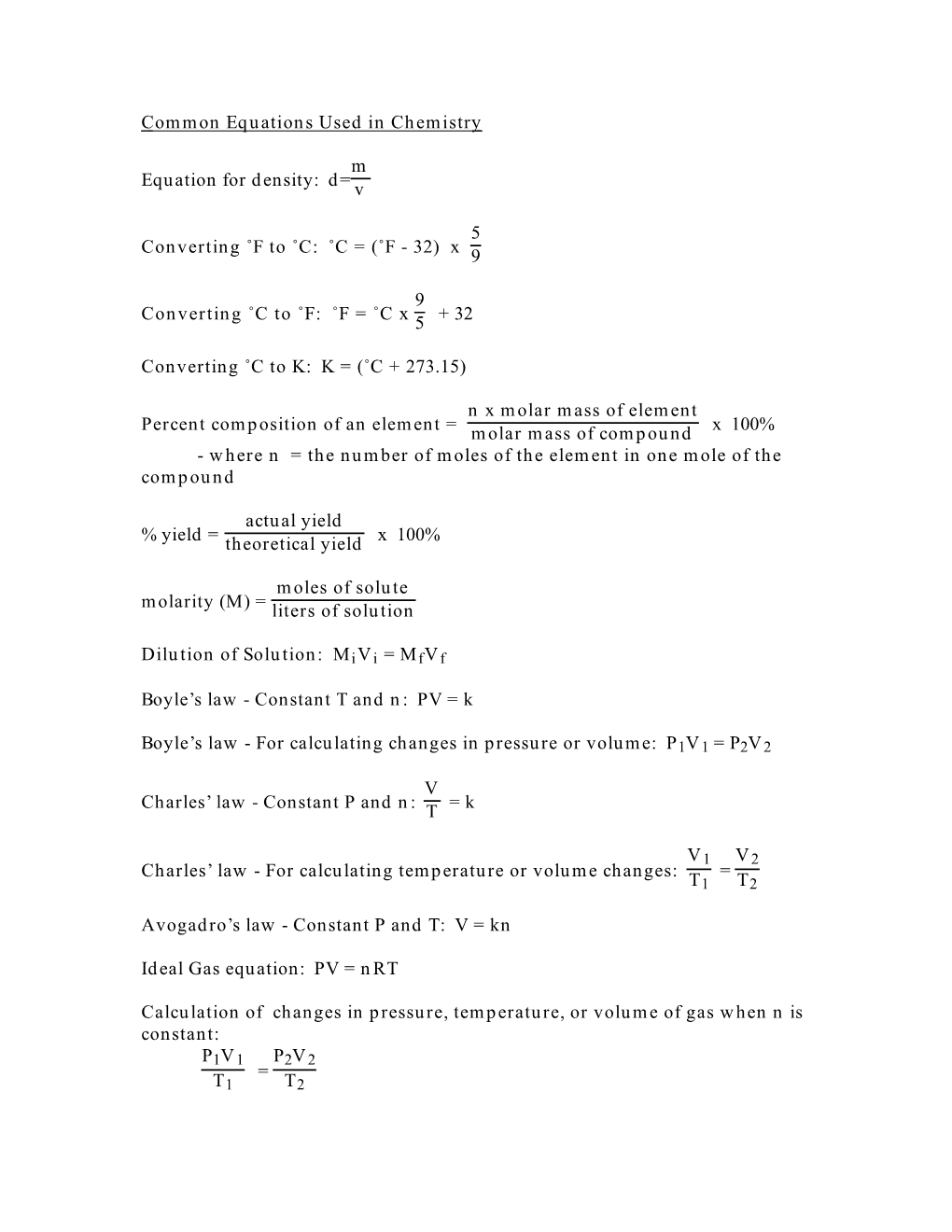 Common Equations Used in Chemistry Equation For