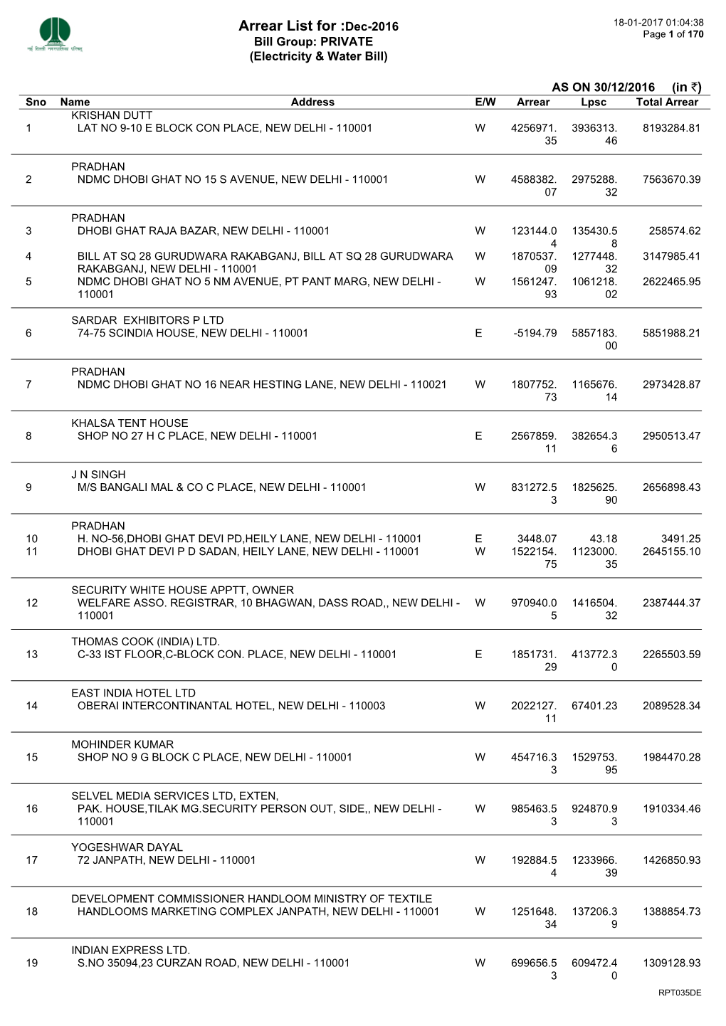 Arrear List for :Dec-2016 18-01-2017 01:04:38 Page 1 of 170 Bill Group: PRIVATE (Electricity & Water Bill)