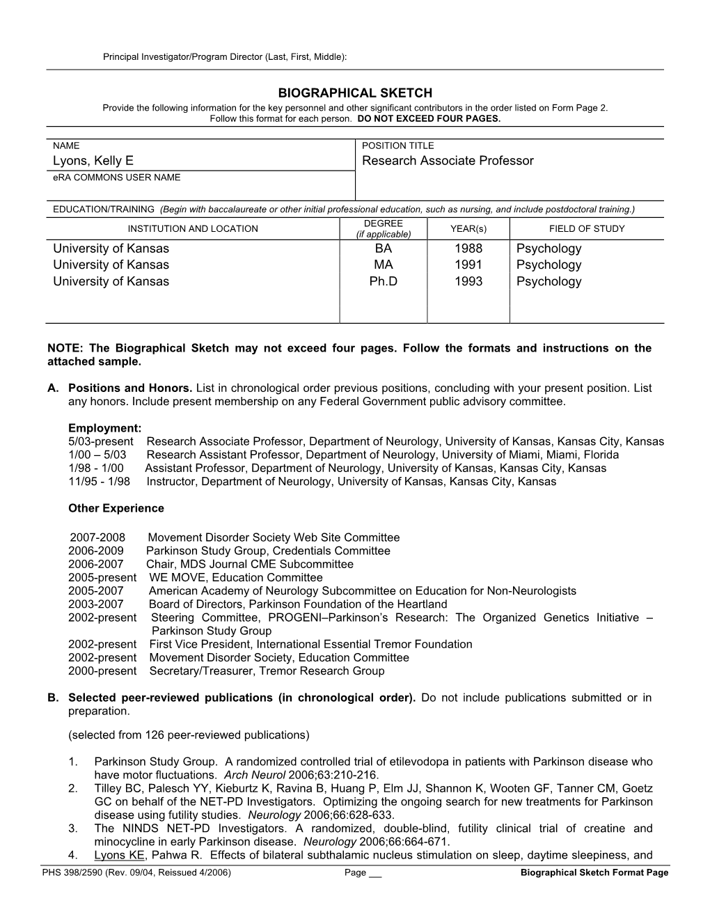 Biographical Sketch Format Page Early Morning Dystonia in Patients with Parkinson Disease