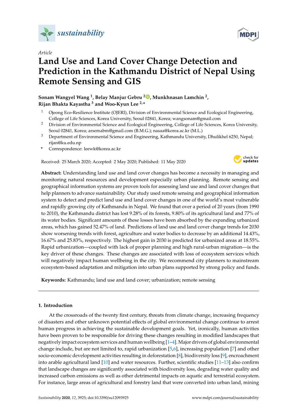 Land Use and Land Cover Change Detection and Prediction in the Kathmandu District of Nepal Using Remote Sensing and GIS
