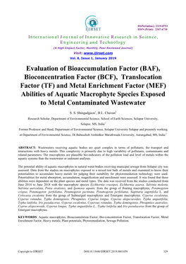 (BCF), Translocation Factor (TF) and Metal Enrichment Factor (MEF) Abilities of Aquatic Macrophyte Species Exposed to Metal Contaminated Wastewater