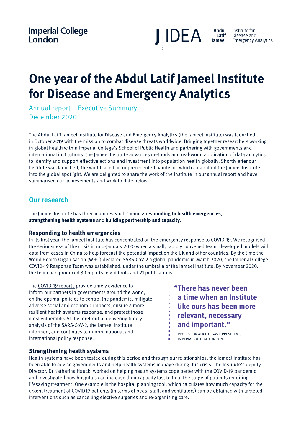 One Year of the Abdul Latif Jameel Institute for Disease and Emergency Analytics Annual Report – Executive Summary December 2020