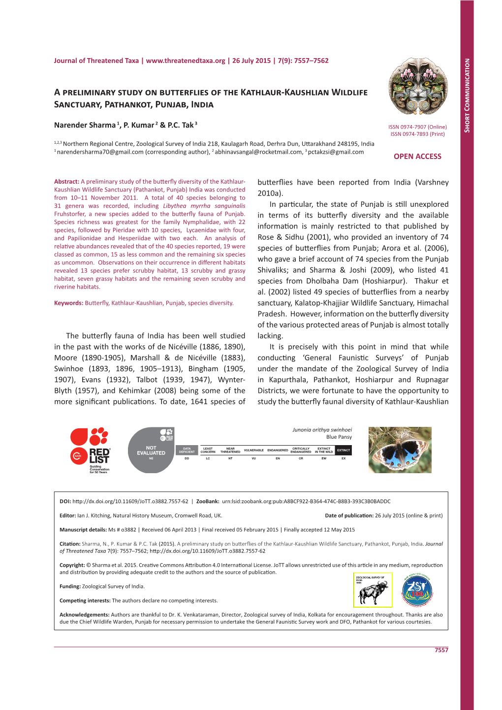 A Preliminary Study on Butterflies of the Kathlaur-Kaushlian Wildlife Sanctuary, Pathankot, Punjab, India