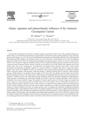 Origin, Signature and Palaeoclimatic Influence of the Antarctic Circumpolar Current