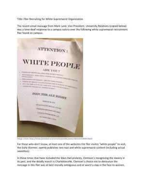 Title: Flier Recruiting for White Supremacist Organization the Recent Email Message from Mark Land, Vice President, University R