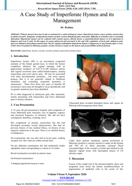 A Case Study of Imperforate Hymen and Its Management