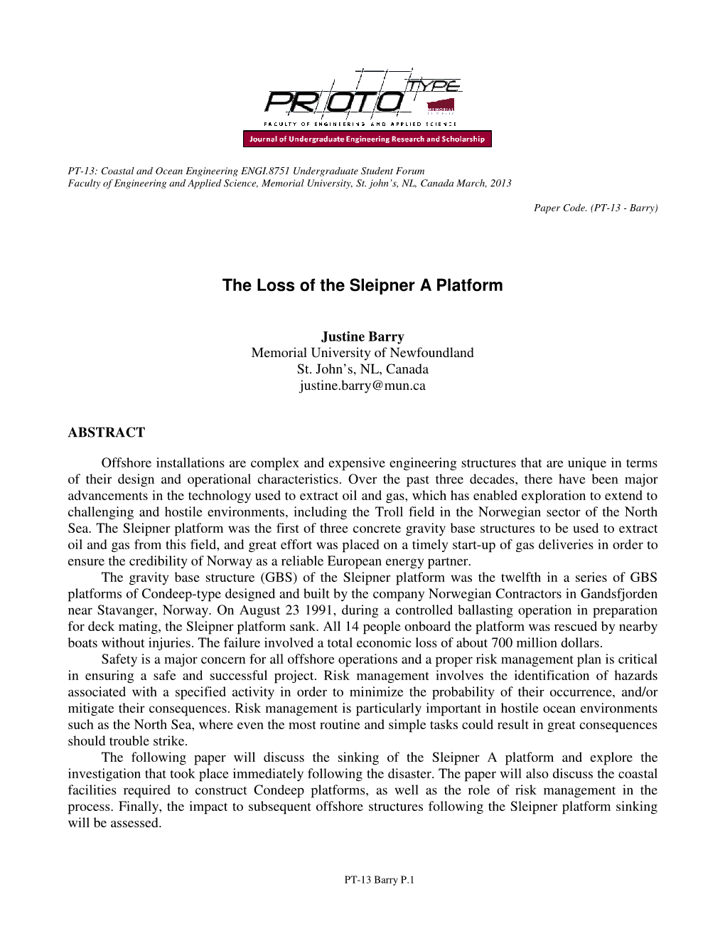 The Loss of the Sleipner a Platform