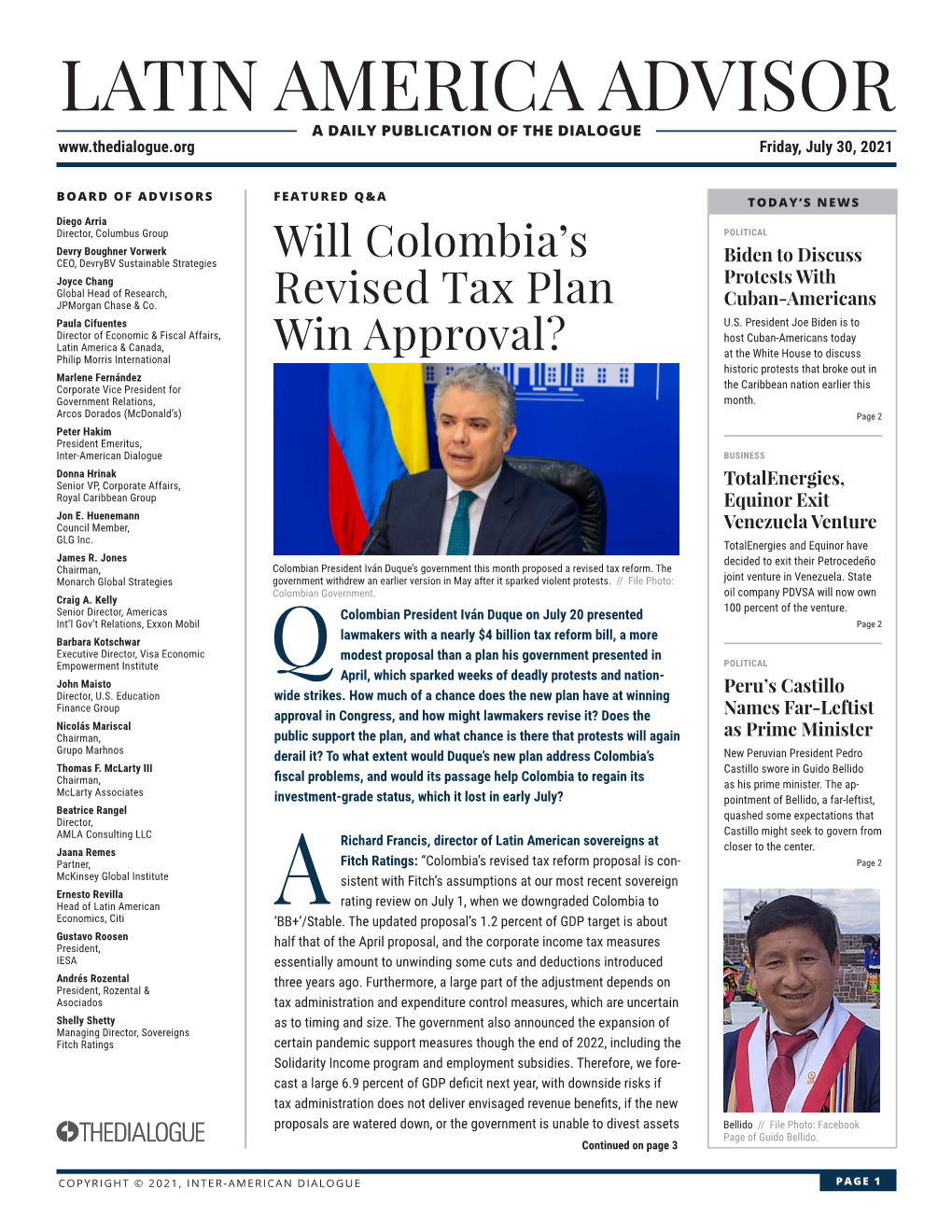 LATIN AMERICA ADVISOR a DAILY PUBLICATION of the DIALOGUE Friday, July 30, 2021