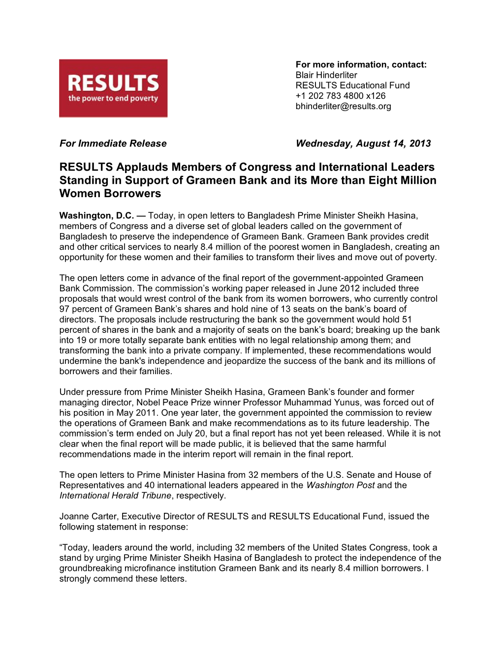 RESULTS Applauds Members of Congress and International Leaders Standing in Support of Grameen Bank and Its More Than Eight Million Women Borrowers