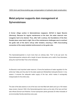 Metal Polymer Supports Dam Management at Sylvensteinsee