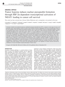 Tumor Hypoxia Induces Nuclear Paraspeckle Formation Through HIF-2Α Dependent Transcriptional Activation of NEAT1 Leading to Cancer Cell Survival