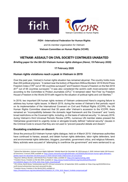 VIETNAM: ASSAULT on CIVIL SOCIETY CONTINUES UNABATED Briefing Paper for the 9Th EU-Vietnam Human Rights Dialogue (Hanoi, 19 February 2020)
