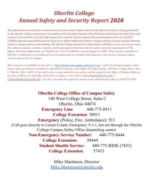 Oberlin College Annual Safety and Security Report 2020