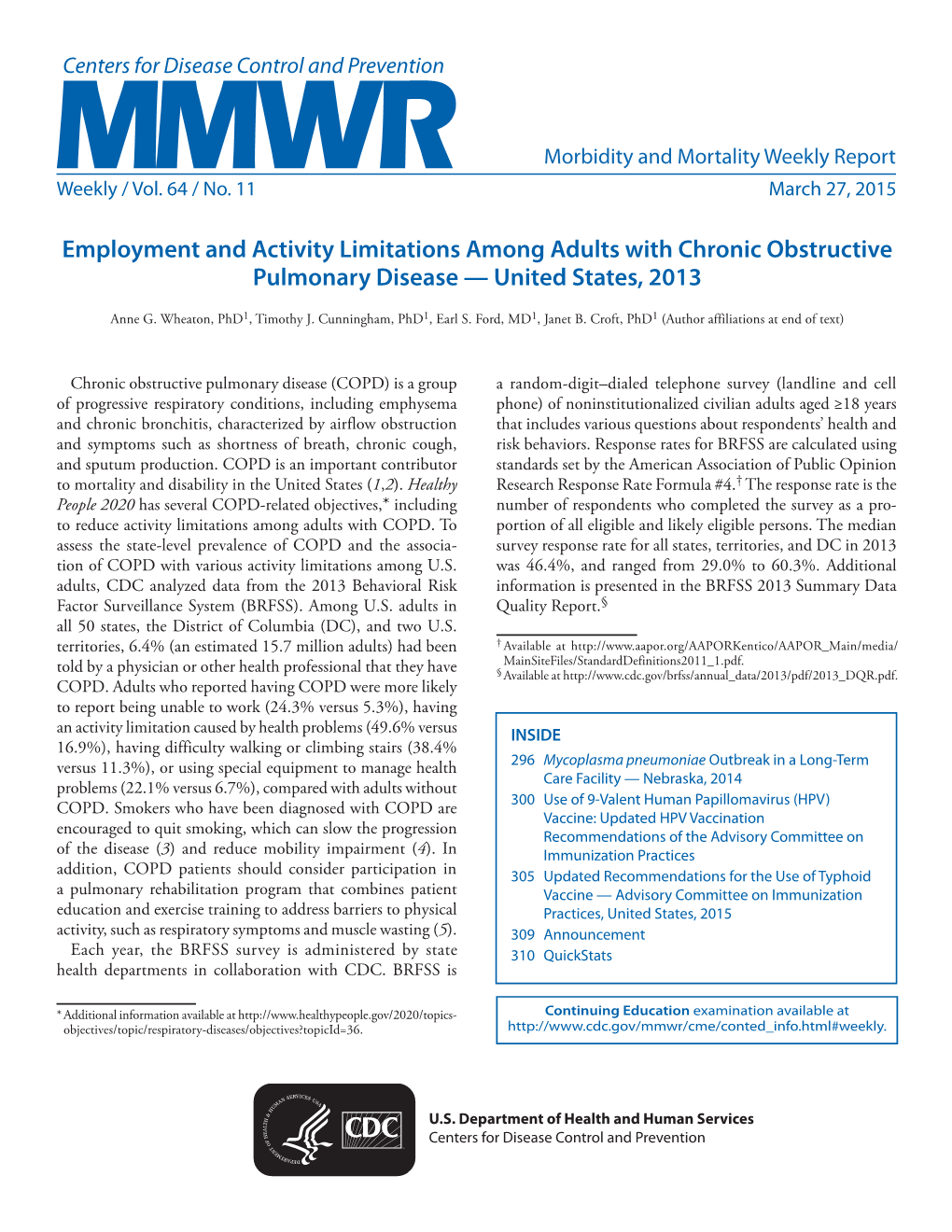 Employment and Activity Limitations Among Adults with Chronic Obstructive Pulmonary Disease — United States, 2013