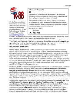 The Spokane County GOP Recommends That Citizens Vote Rejected on R-88 Which Also Means You Are Voting to Reject I-1000