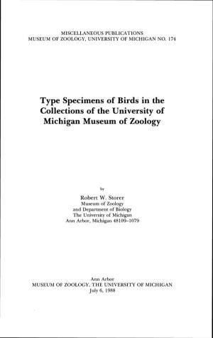 Type Specimens of Birds in the Collections of the University of Michigan Museum of Zoology