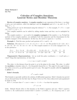 Calculus of Complex Functions. Laurent Series and Residue Theorem