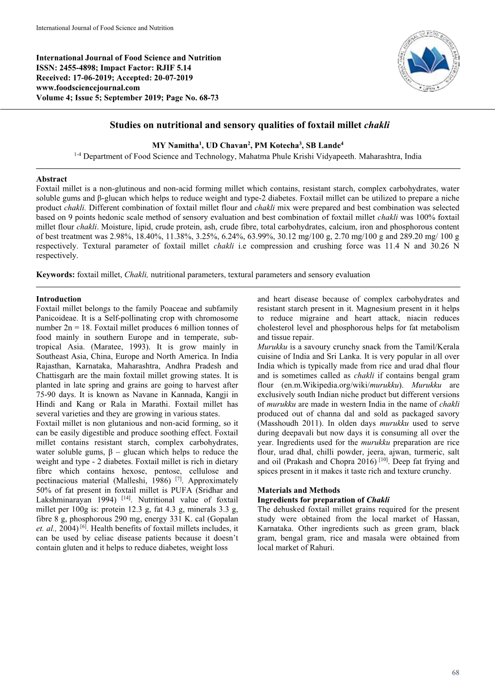 Studies on Nutritional and Sensory Qualities of Foxtail Millet Chakli