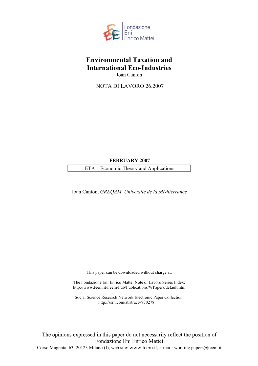 Environmental Taxation and International Eco-Industries Joan Canton
