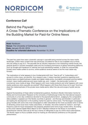Behind the Paywall: a Cross-Thematic Conference on the Implications of the Budding Market for Paid-For Online News