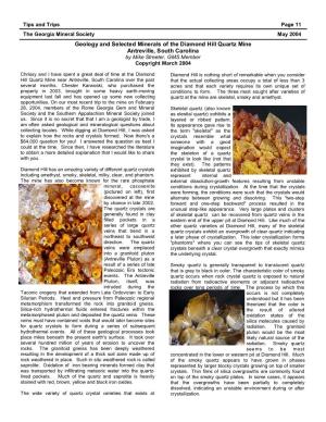 Geology and Selected Minerals of the Diamond Hill Quartz Mine Antreville, South Carolina by Mike Streeter, GMS Member Copyright March 2004