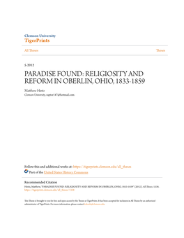 RELIGIOSITY and REFORM in OBERLIN, OHIO, 1833-1859 Matthew Inh Tz Clemson University, Raptor147@Hotmail.Com