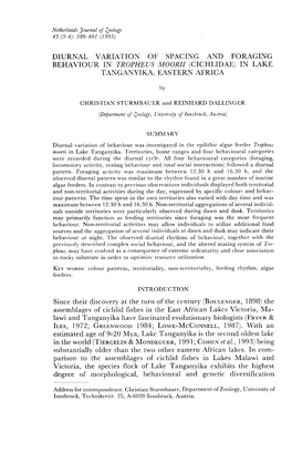 Diurnal Variation of Spacing and Foraging Behaviour in Tropheus Moorii (Cichlidae) in Lake Tanganyika, Eastern Africa