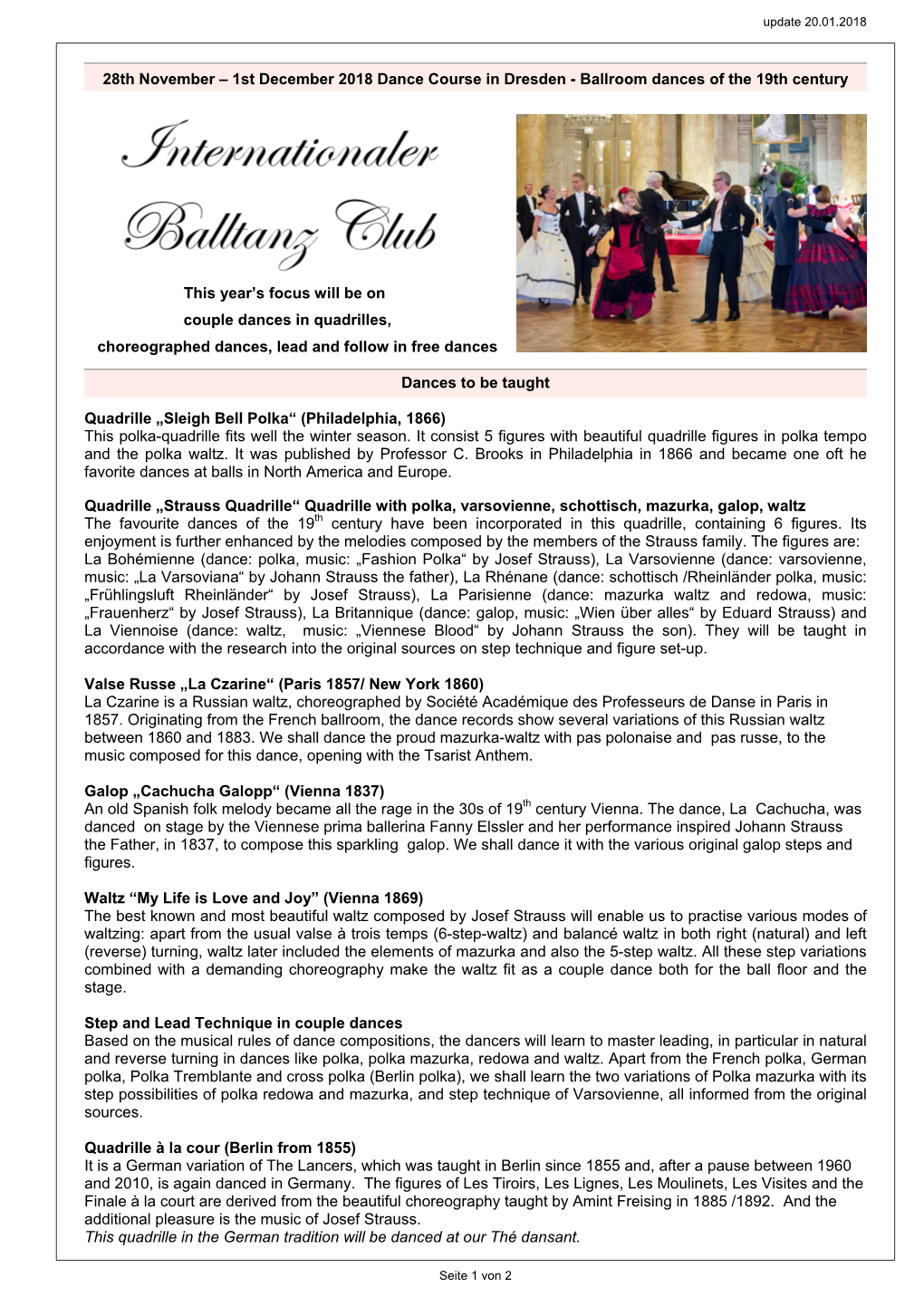 28Th November – 1St December 2018 Dance Course in Dresden - Ballroom Dances of the 19Th Century