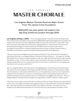 Los Angeles Master Chorale Receives Major Grant from the James Irvine Foundation