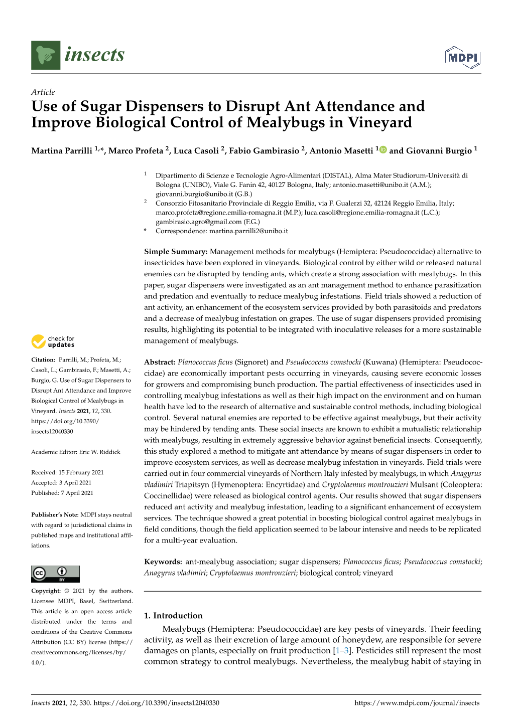 Use of Sugar Dispensers to Disrupt Ant Attendance and Improve Biological Control of Mealybugs in Vineyard