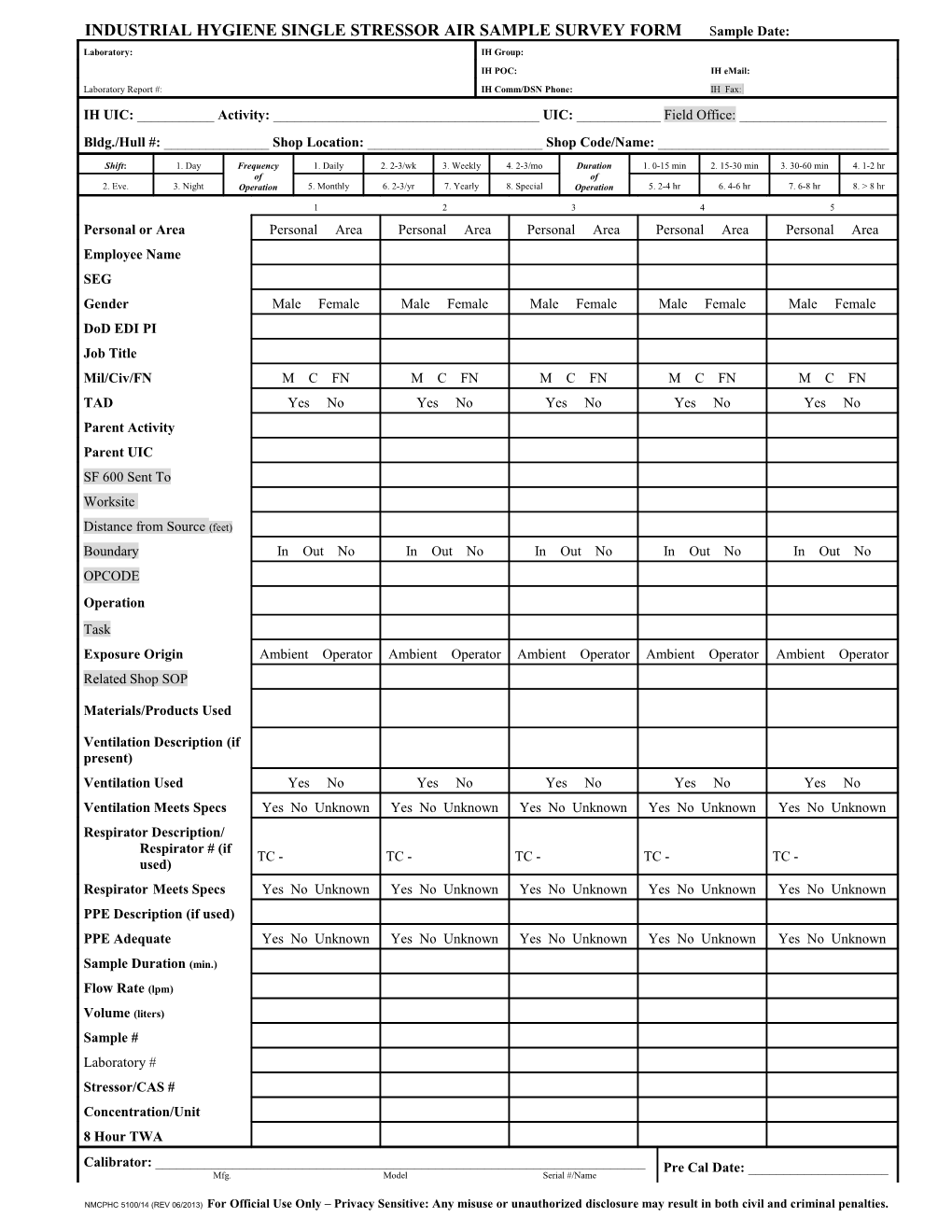 Industrial Hygiene Single Stressor Air Sample Survey Form