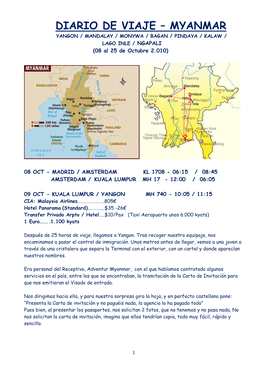 DIARIO DE VIAJE – MYANMAR YANGON / MANDALAY / MONYWA / BAGAN / PINDAYA / KALAW / LAGO INLE / NGAPALI (08 Al 25 De Octubre 2.010)