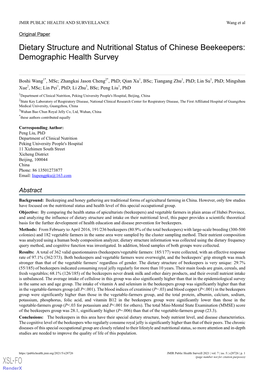 Dietary Structure and Nutritional Status of Chinese Beekeepers: Demographic Health Survey