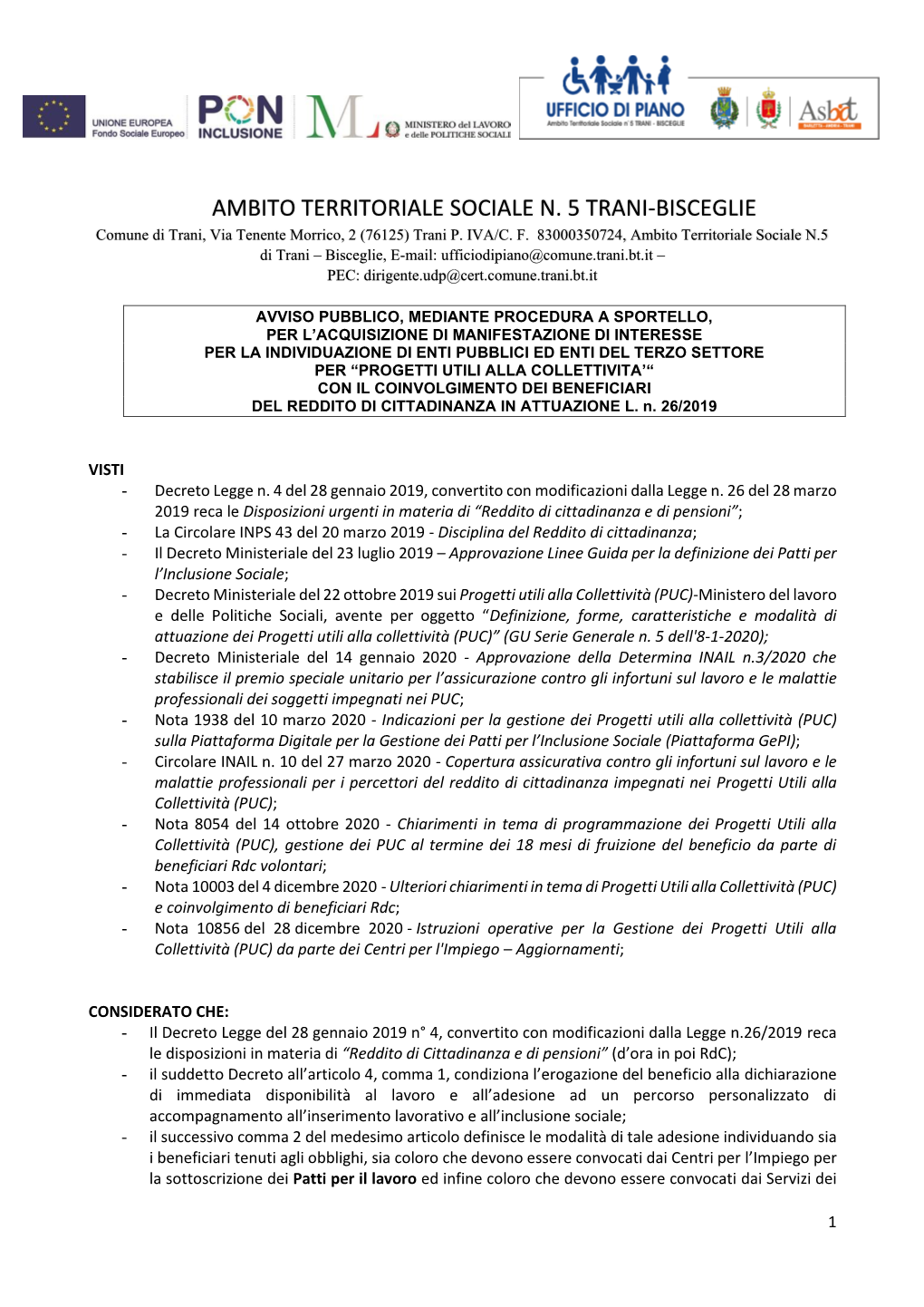 AMBITO TERRITORIALE SOCIALE N. 5 TRANI-BISCEGLIE Comune Di Trani, Via Tenente Morrico, 2 (76125) Trani P