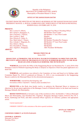 Republic of the Philippines PROVINCE of ZAMBOANGA DEL NORTE Municipality of President Manuel A