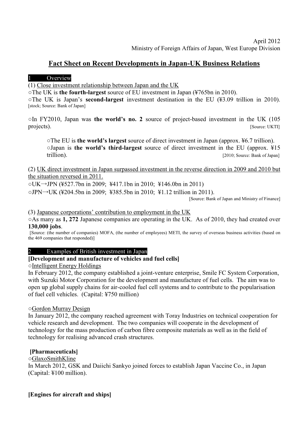 Fact Sheet on Recent Developments in Japan-UK Business Relations