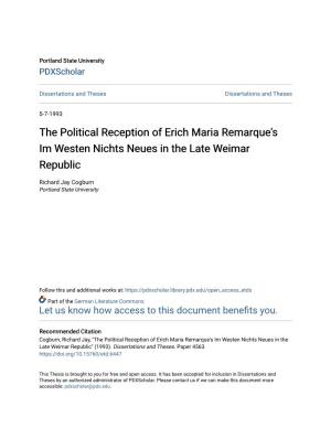 The Political Reception of Erich Maria Remarque's Im Westen Nichts Neues in the Late Weimar Republic