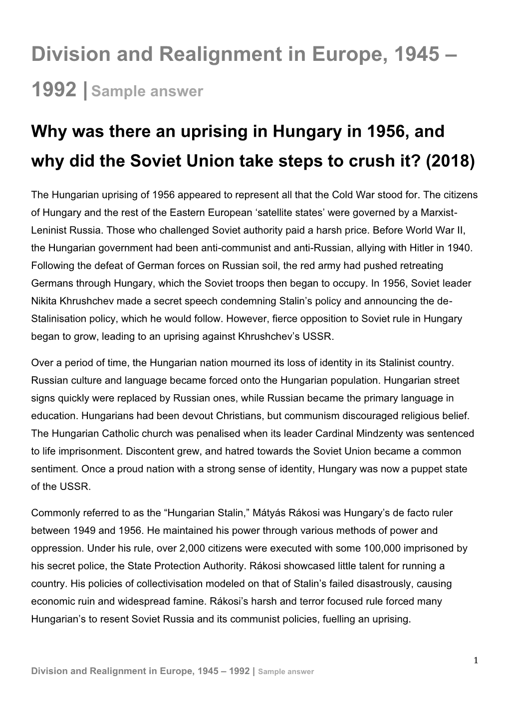 Division and Realignment in Europe, 1945 – 1992 |Sample Answer