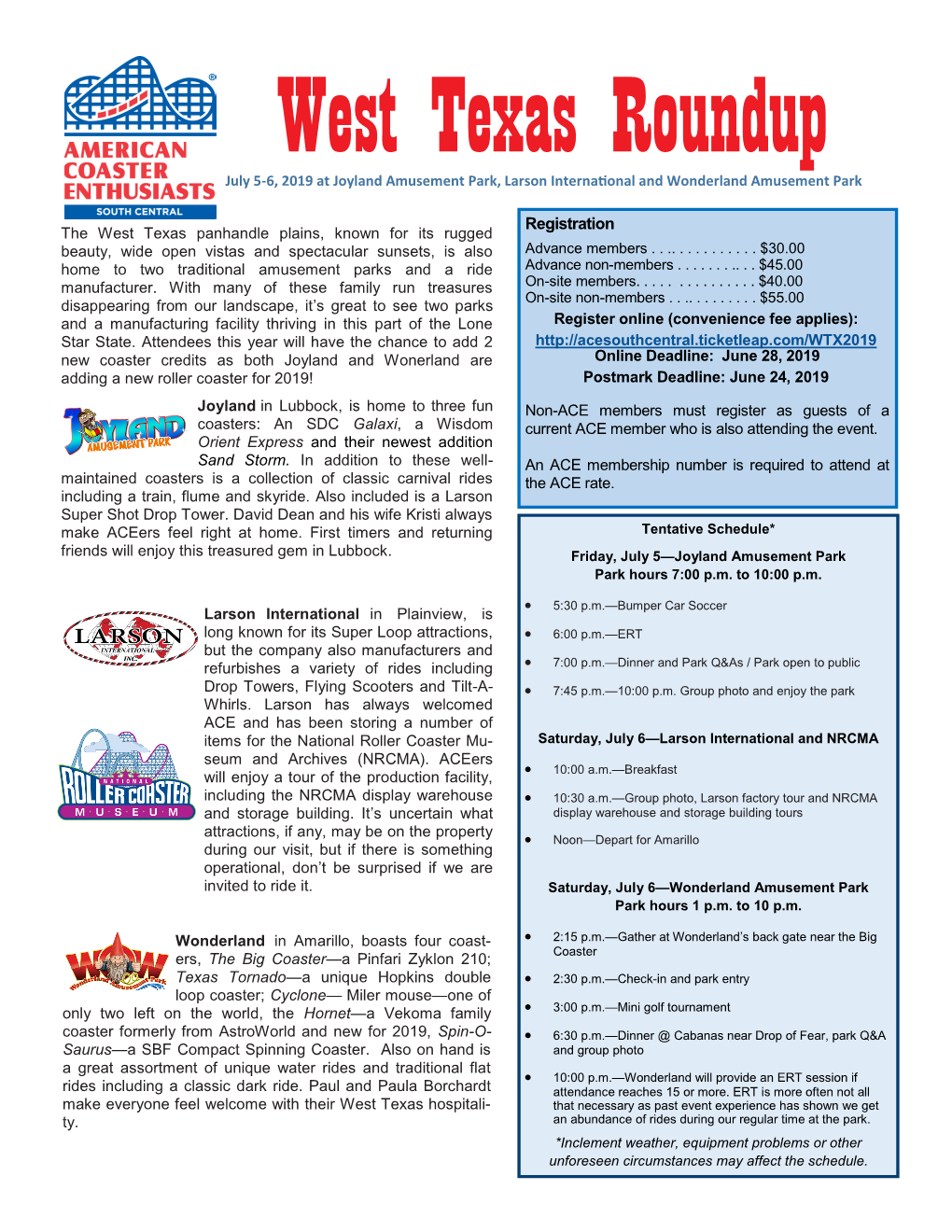 West Texas Roundup July 5-6, 2019 at Joyland Amusement Park, Larson International and Wonderland Amusement Park