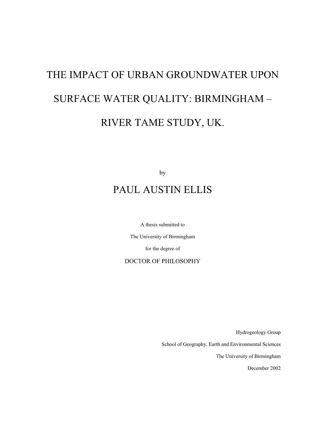The Impact of Urban Groundwater Upon Surface Water Quality