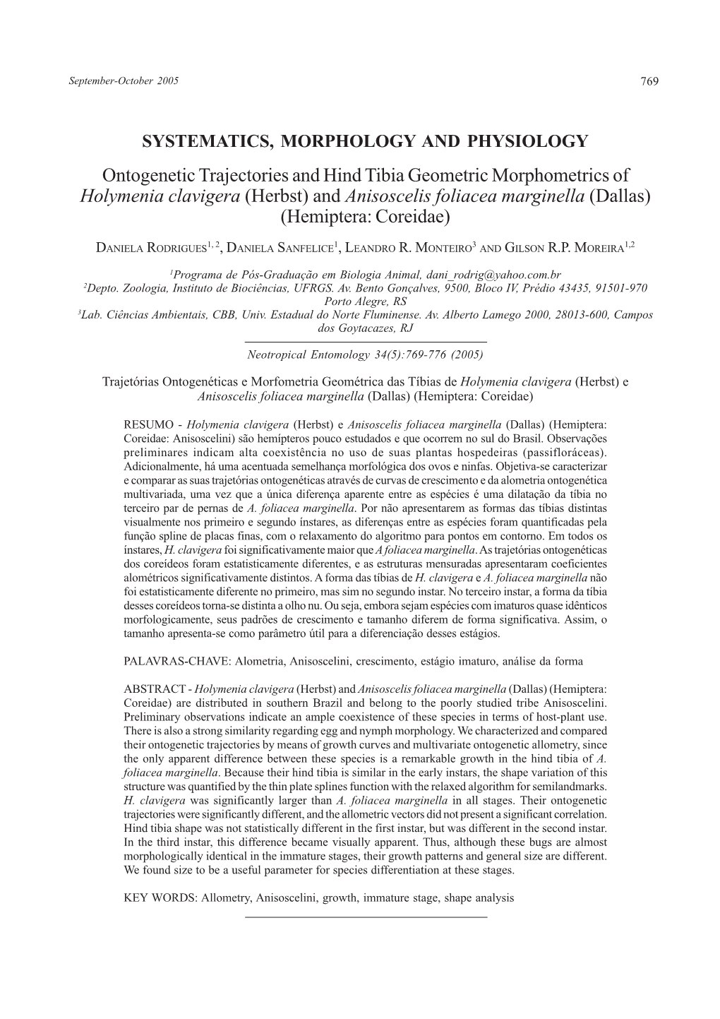 Ontogenetic Trajectories and Hind Tibia Geometric Morphometrics of Holymenia Clavigera (Herbst) and Anisoscelis Foliacea Marginella (Dallas) (Hemiptera: Coreidae)