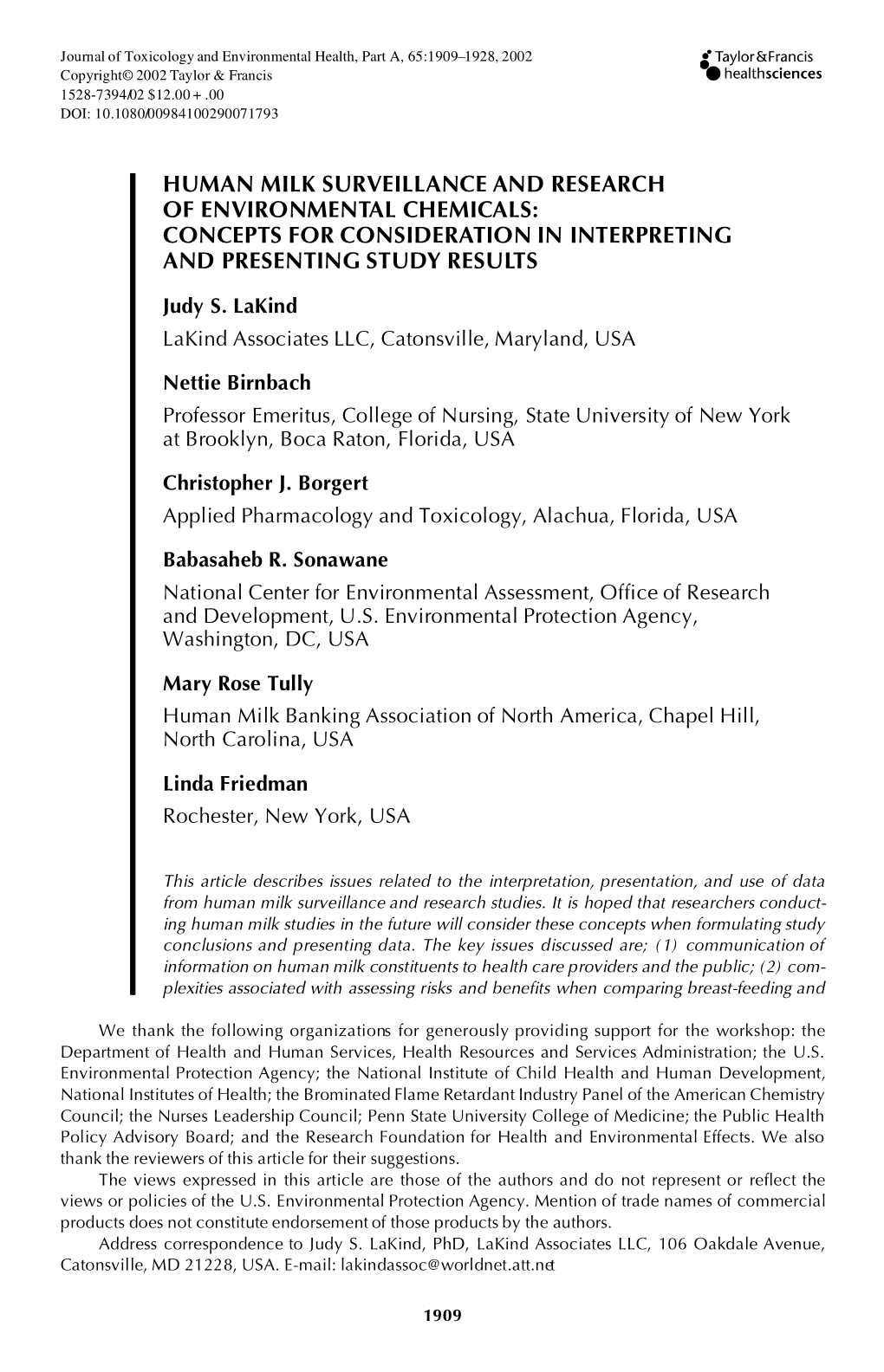 Human Milk Surveillance and Research of Environmental Chemicals: Concepts for Consideration in Interpreting and Presenting Study Results