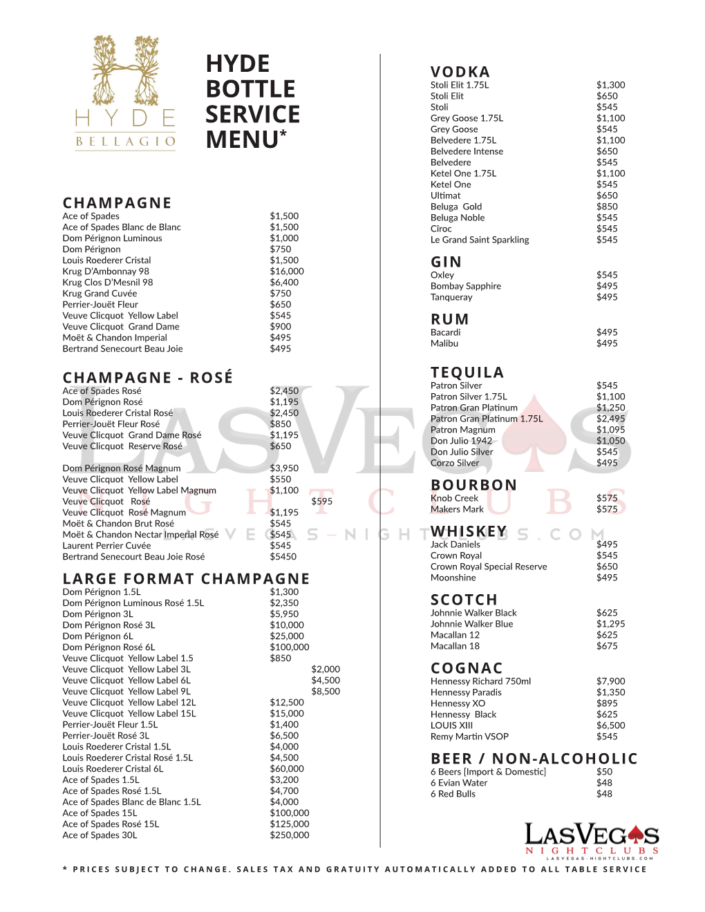 View the Hyde Bottle Service Menu for Champagne, Wine & Liquor Prices