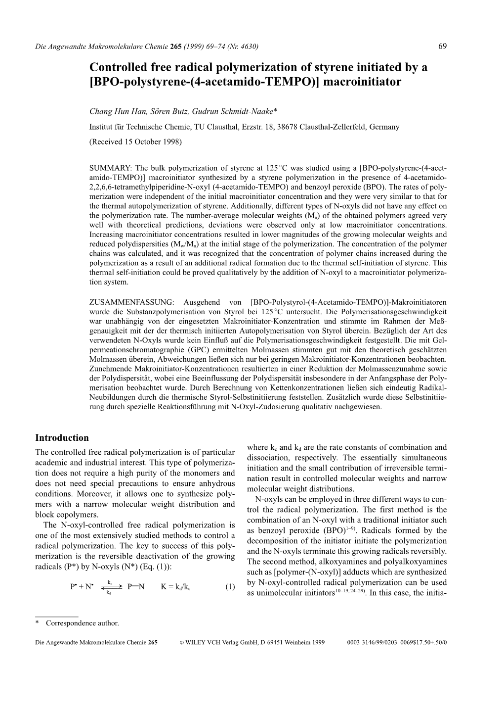 Controlled Free Radical Polymerization of Styrene Initiated by a [BPO-Polystyrene-(4-Acetamido-TEMPO)] Macroinitiator