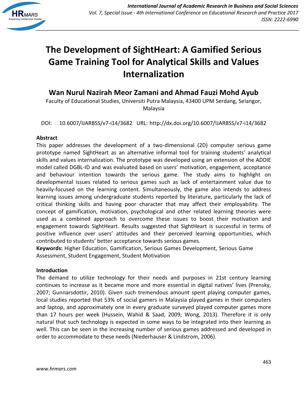 The Development of Sightheart: a Gamified Serious Game Training Tool for Analytical Skills and Values Internalization