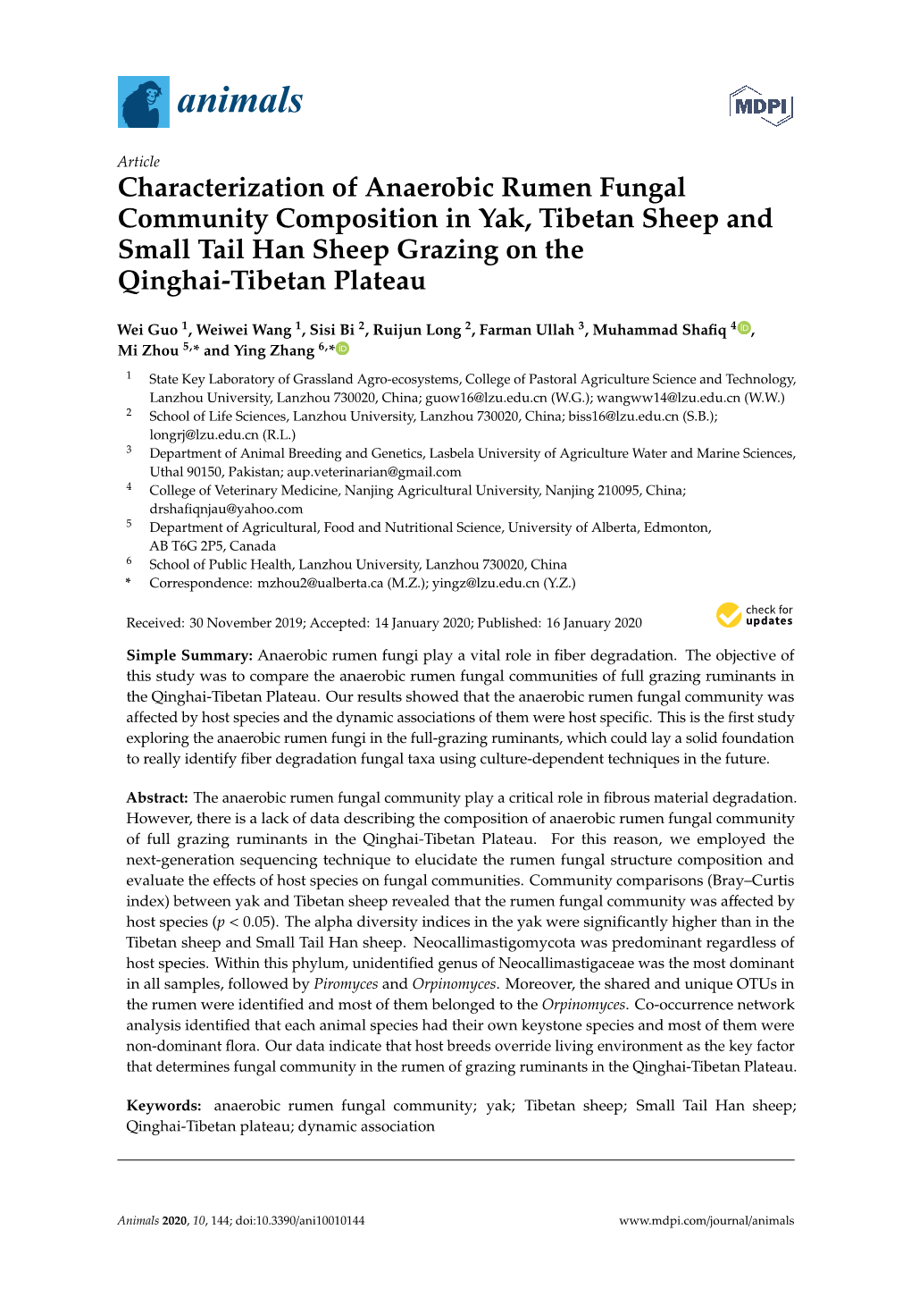 Characterization of Anaerobic Rumen Fungal Community Composition in Yak, Tibetan Sheep and Small Tail Han Sheep Grazing on the Qinghai-Tibetan Plateau