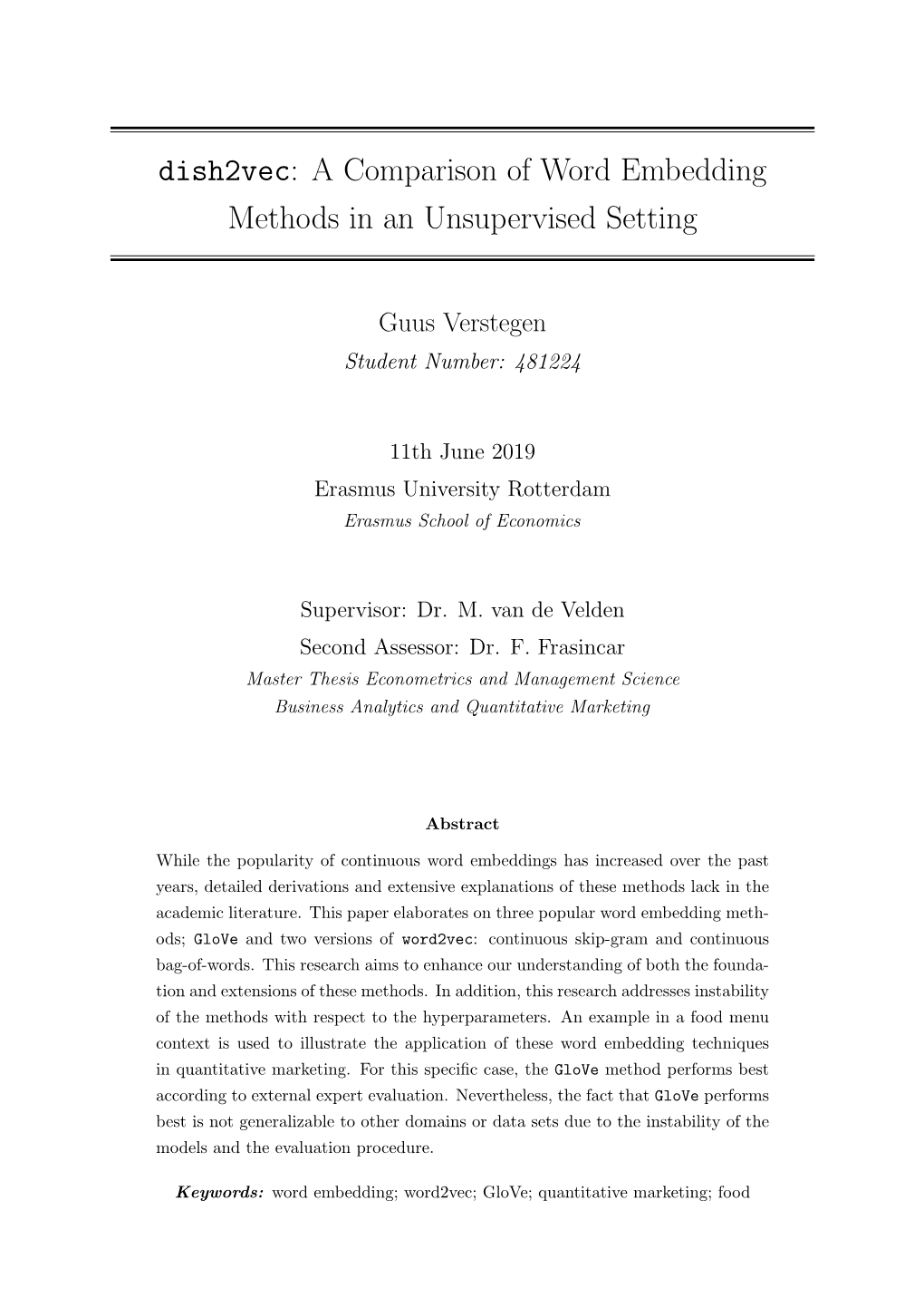 Dish2vec: a Comparison of Word Embedding Methods in an Unsupervised Setting