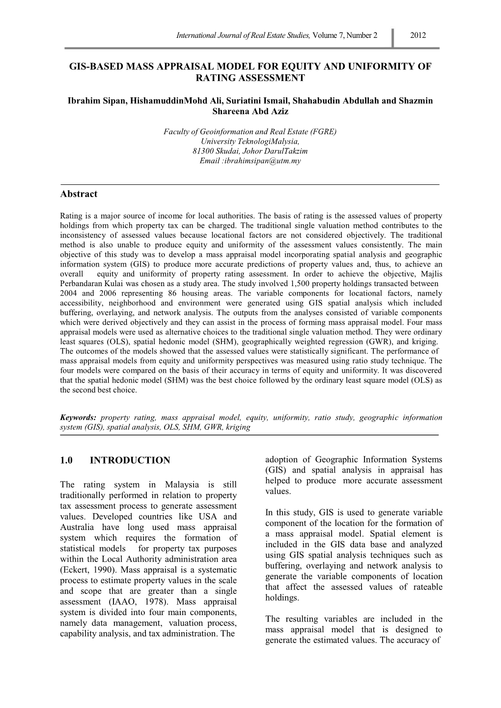 Gis-Based Mass Appraisal Model for Equity and Uniformity of Rating Assessment