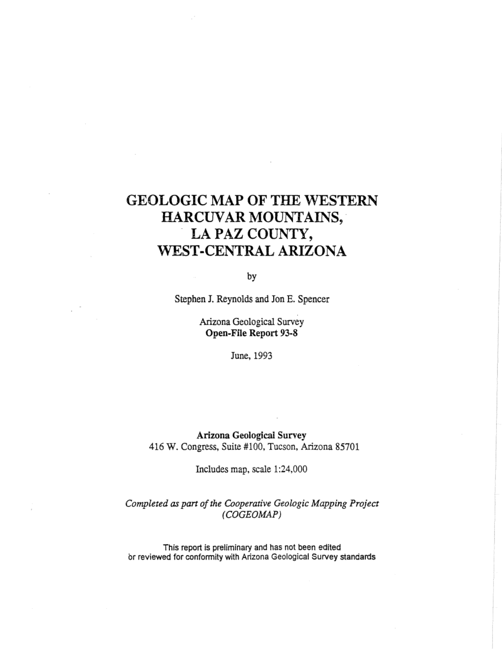 Geologic Map of the Western Harcuvar Mountains, La Paz