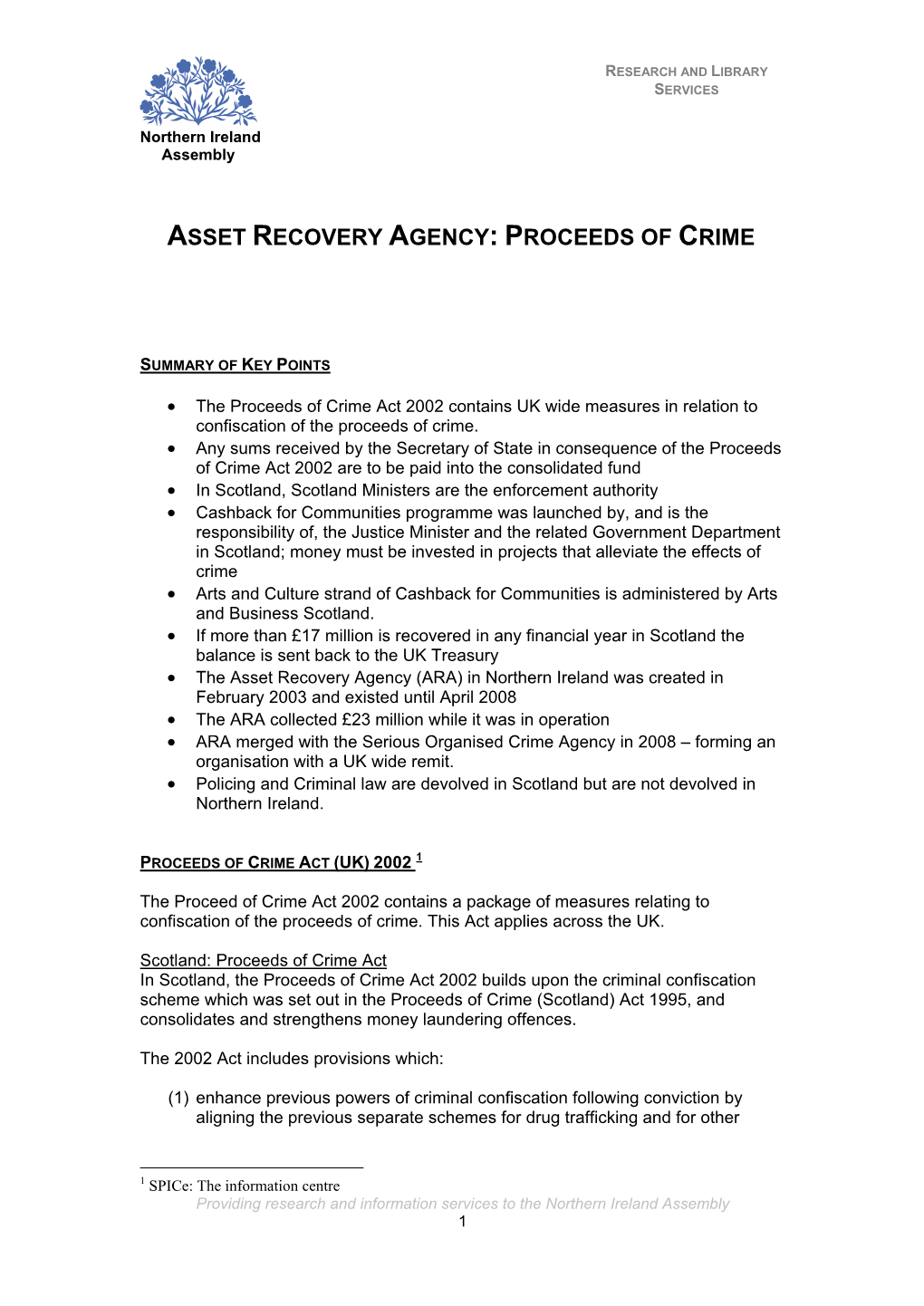 Asset Recovery Agency: Proceeds of Crime